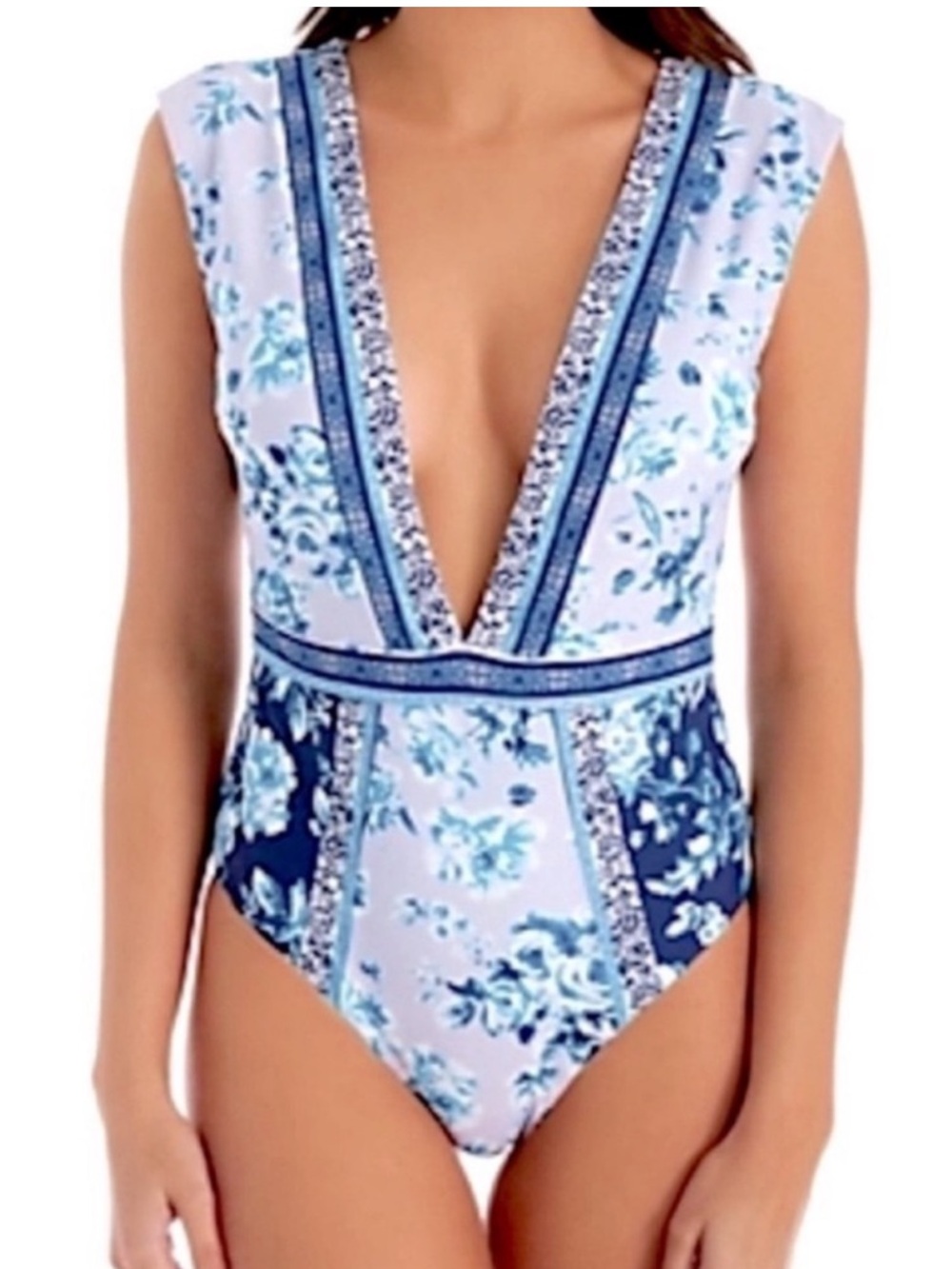 NEW Nanette Lepore One Piece Swimsuit Priya Plunge Lavender Trails Blue Size 8